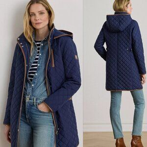 Lauren Ralph Lauren Hooded Quilted Faux-Suede-Trim Coat | Summer Navy | Size Sma